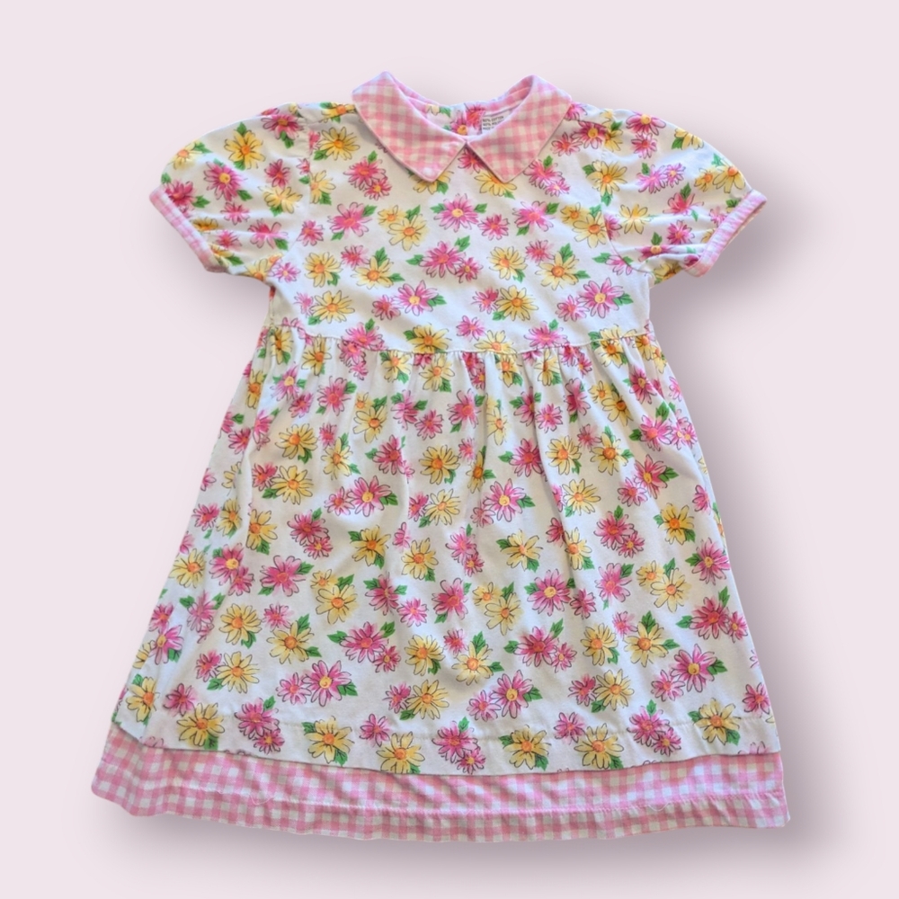 Vintage 90s 5/6 Floral Dress with Pink Check Accents